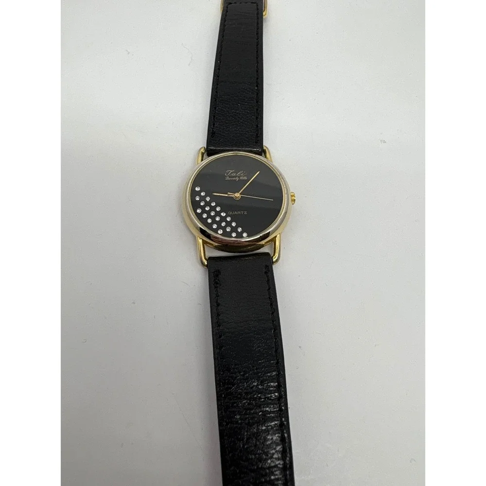 1980s Tali Beverly Hills Watch Rhinestone Accent Gold Tone Black‎ Face Quartz
